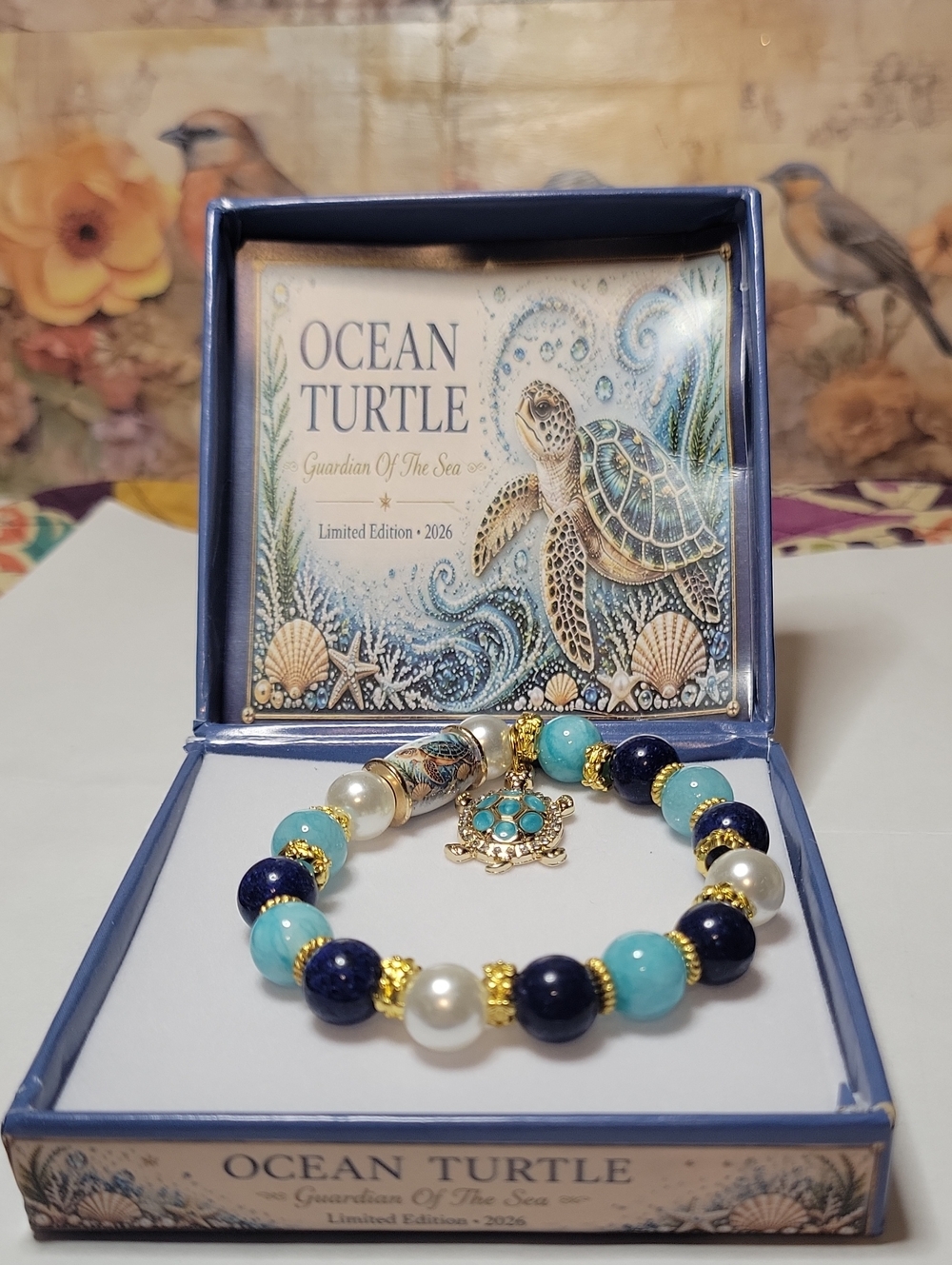 Gold & Blue Beaded Turtle Bracelet